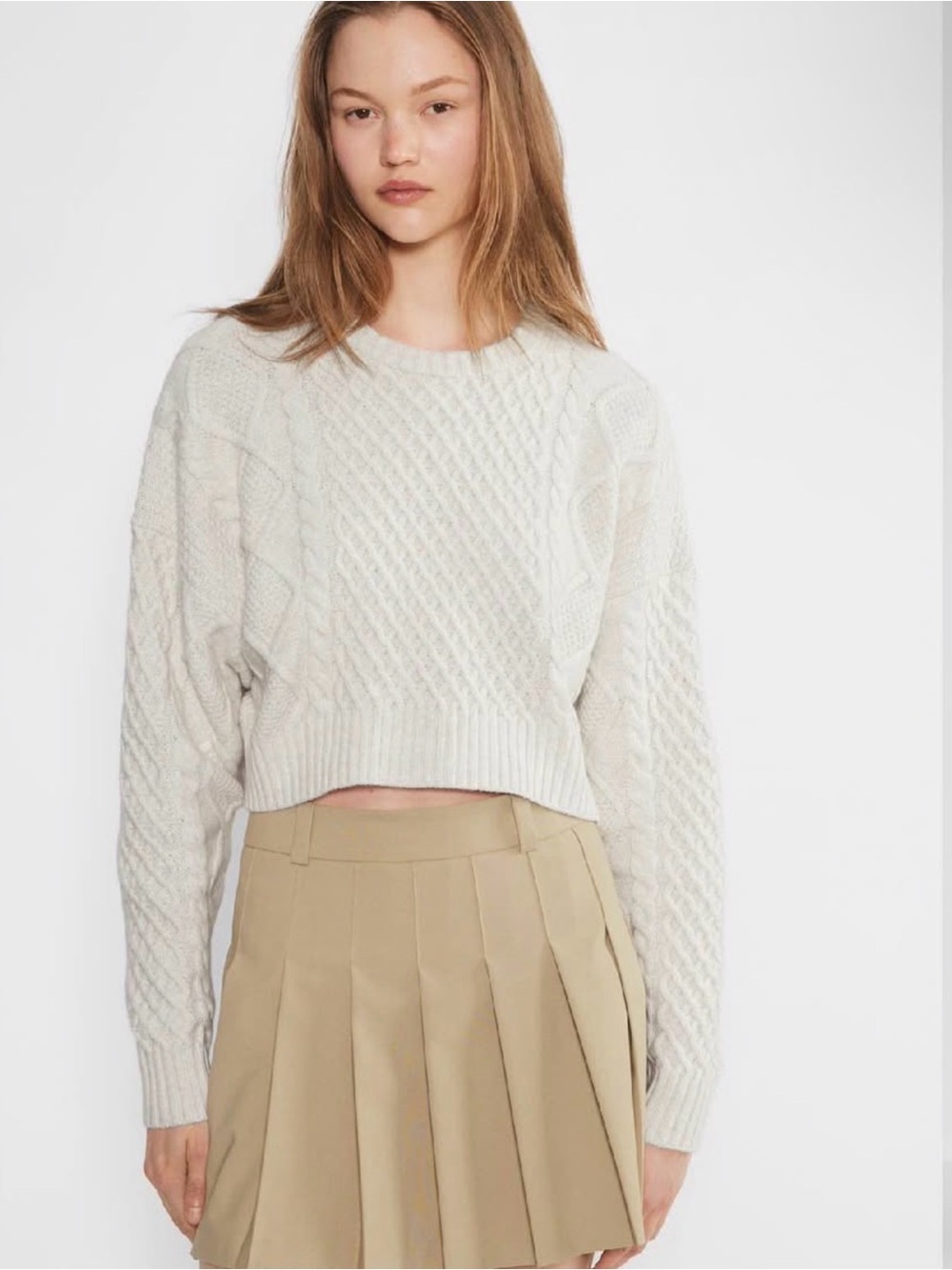 Aritzia Sunday best Cropped Cable Knit Sweater - Cream MERINO WOOL SIZE S